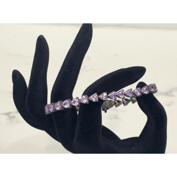 Vintage Sterling Silver Bracelet Purple Glass Heart Stones Signed 7" - Picture 4 of 14
